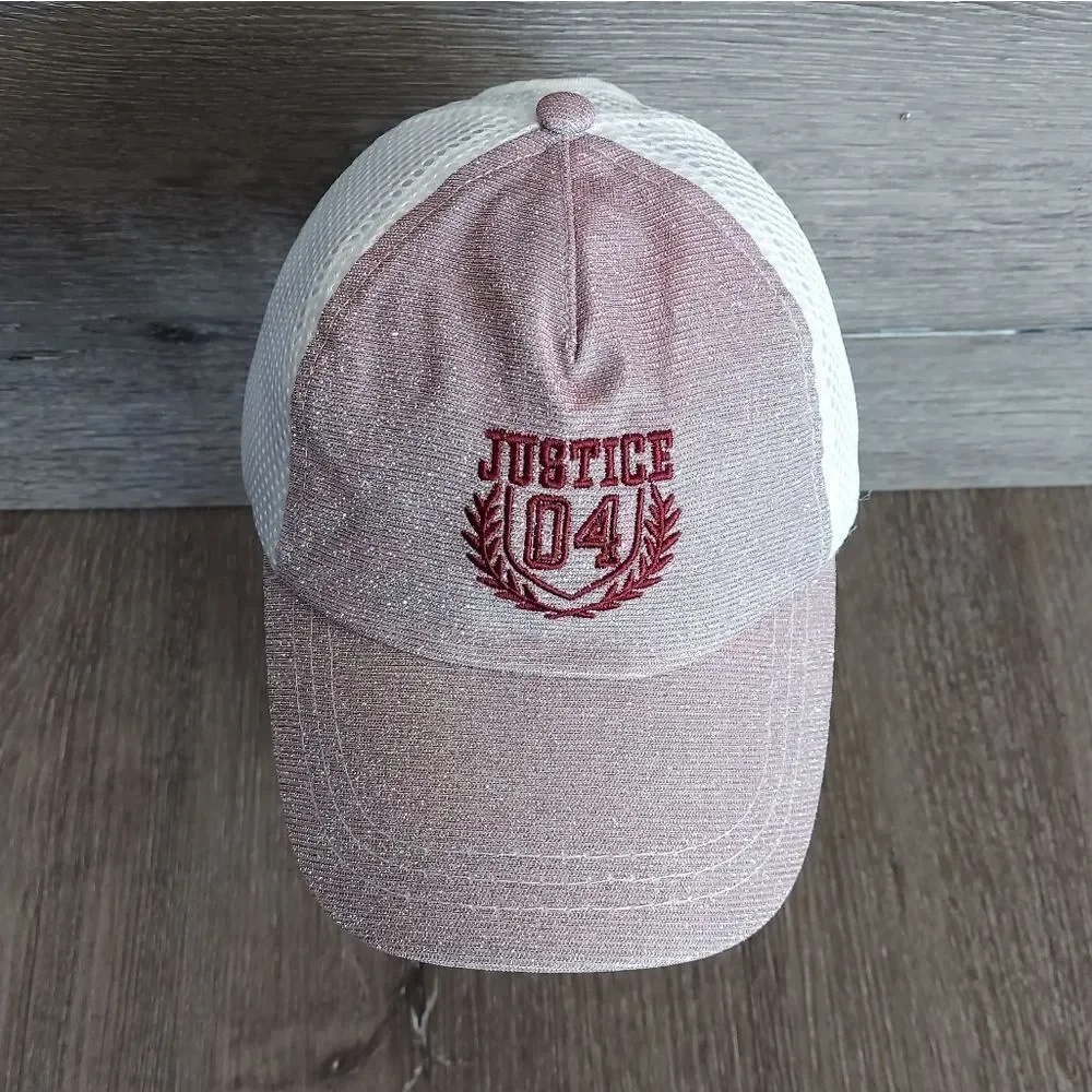Justice Pink Shimmering Sparkly Iridescent Pony Tail Ball Cap Hat OSFM